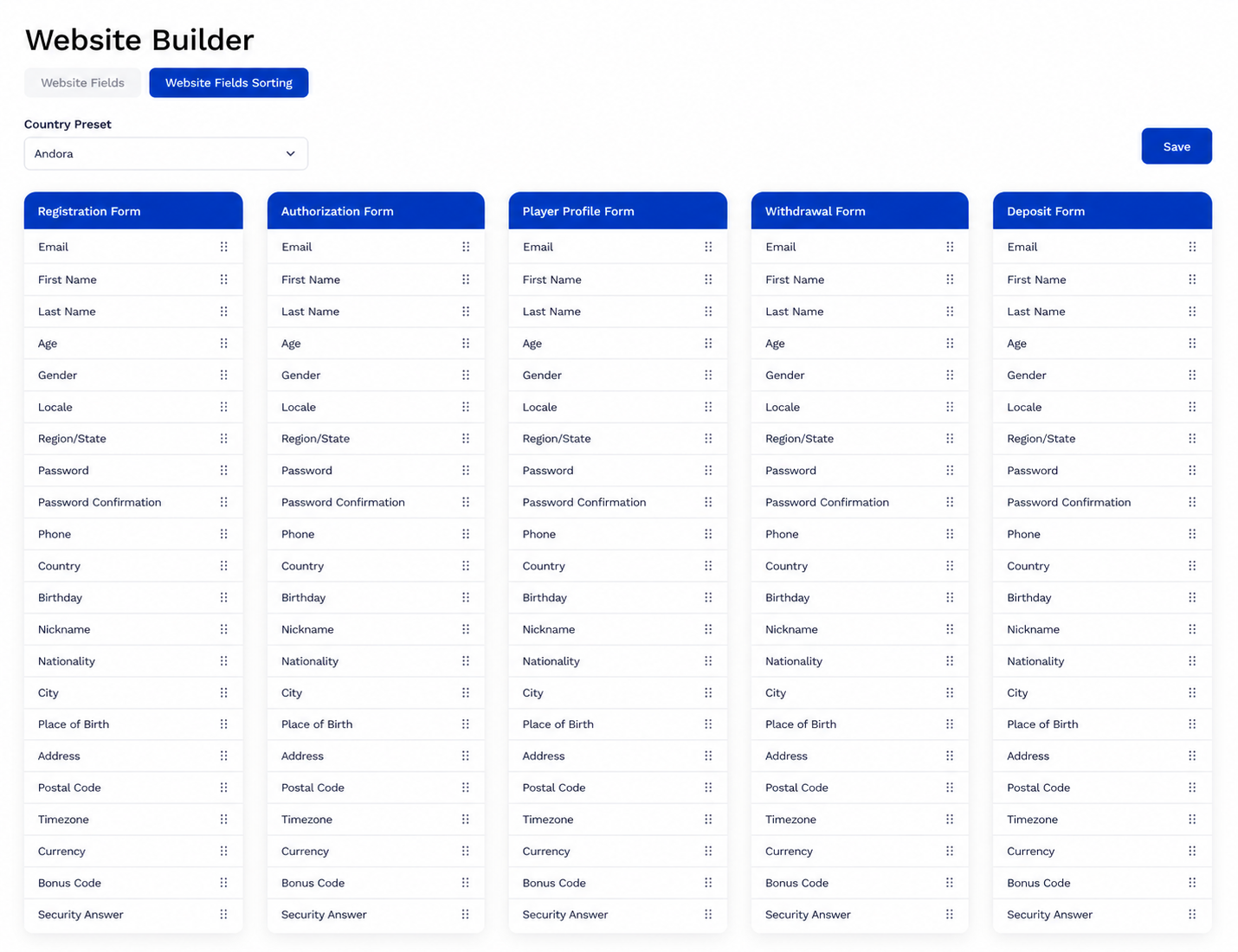 Website Form Builder — Whalesoft back office screen
